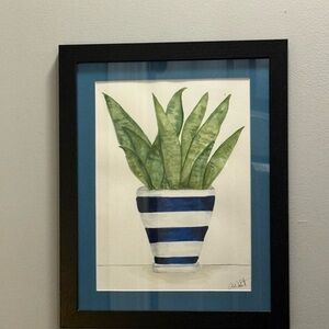 Framed Botanical Art with Blue Striped Pot